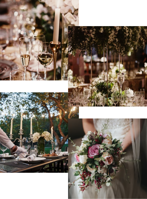 collage de imagenes de una boda con arreglos de mesa, mesa de banquete, y una novia con su ramo de flores.