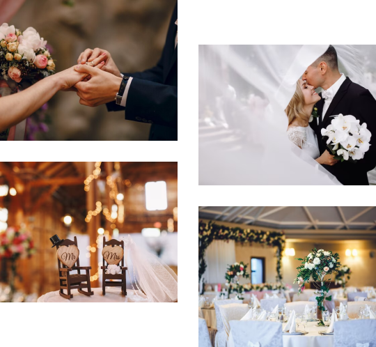 collage de fotos de una boda. una pareja de novios, salon de eventos.